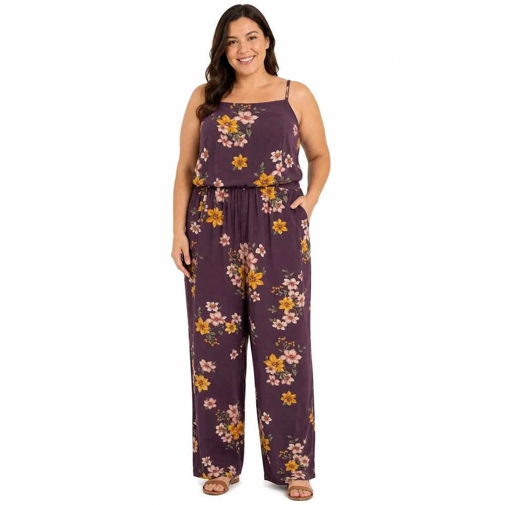 Xhilaration Floral‎ Wide Leg Romper Jumpsuit Square Neck Women's Size XL